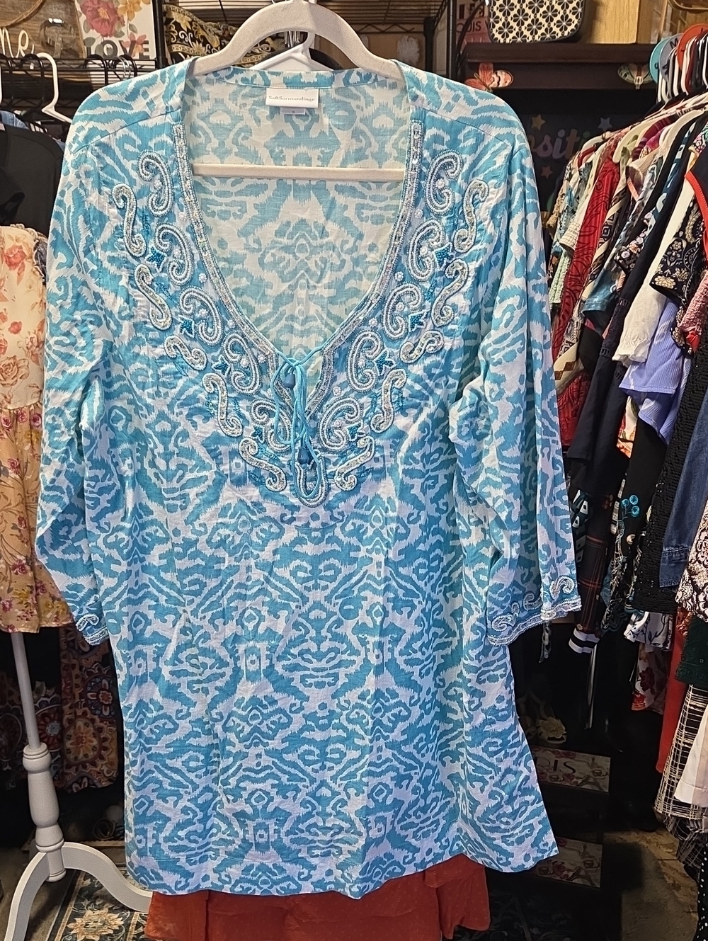 Soft Surroundings Aqua Blue Embroidered V-Neck Tunic